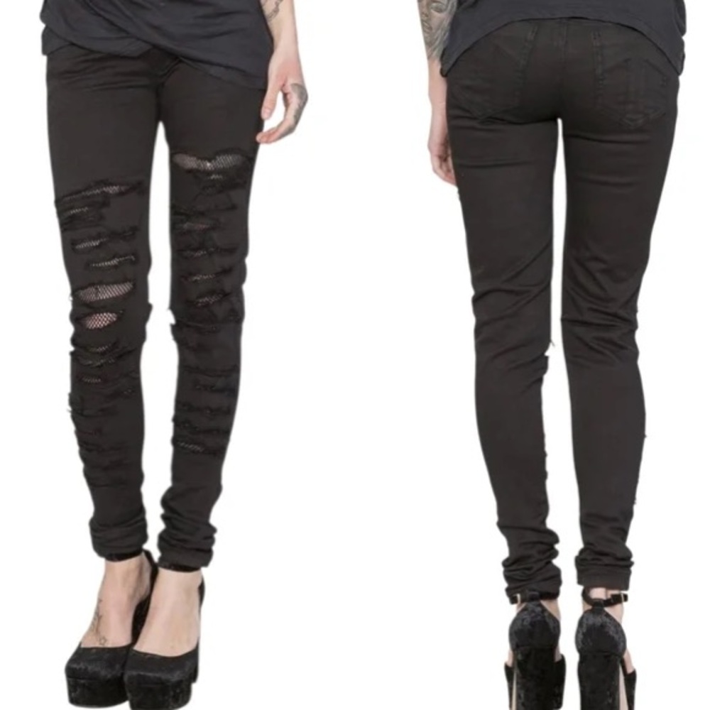 Tripp NYC Tear It Up Fishnet Ripped Black Skinny Jeans Skulls Pockets Size 5
